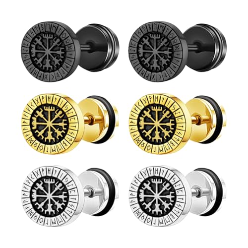 JewelryWe Wikinger Fake Plug Ohrstecker: 3 Paar Nordisch Kompass Runen Ohrringe Edelstahl Fake Ohrläppchen Tunnel Schraube Ohr Helix Piercings Kreis Ohrstecker Set für Herren Damen Schwarz/Gold/Silber von JewelryWe