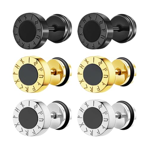JewelryWe Wikinger Fake Plug Ohrstecker: 3 Paar Nordische Runen Ohrringe Edelstahl Emaille Fake Ohrläppchen Tunnel Schraube Ohr Piercings Kreis Ohrstecker Set für Herren Damen Schwarz/Gold/Silber von JewelryWe