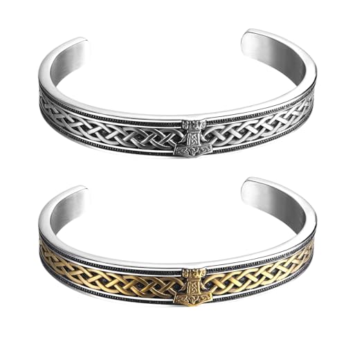 JewelryWe Wikinger Mjolnir Armreif Herren: 2er Set Edelstahl Nordisch Thors Hammer Offen Verstellbar Manschette Armband Armspange mit Keltischen Knoten Triquetra Vintage Amulett Schmuck Geschenk von JewelryWe