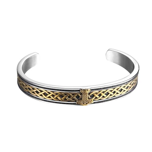 JewelryWe Wikinger Mjolnir Armreif Herren: Gold Silber Edelstahl Nordisch Thors Hammer Offen Verstellbar Manschette Armband Armspange mit Keltischen Knoten Triquetra Vintage Amulett Schmuck Geschenk von JewelryWe