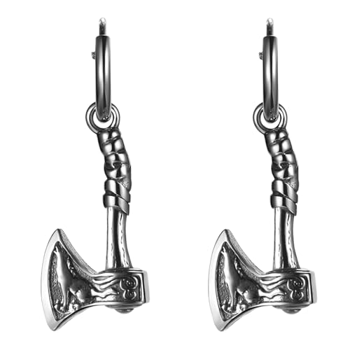 JewelryWe Wikinger Ohrringe Herren Axt: Edelstahl Creolen Ohrstecker Mjölnir Ohrhänger mit Vintage Wolf Amulett Wikinger Axt Anhänger Hängende Ohrringe für Mann Freund Silber von JewelryWe
