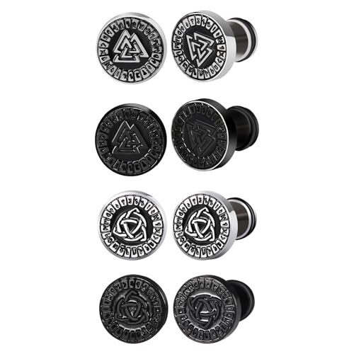 JewelryWe Wikinger Ohrstecker Ohrringe Herren: 4 Paar Edelstahl Nordische Valknut Keltische Knoten Runen Fake Ohr Plugs Tunnel Ohrringe 10mm Viking Ohrstecker Set Helix Piercings Punk Schmuck Geschenk von JewelryWe