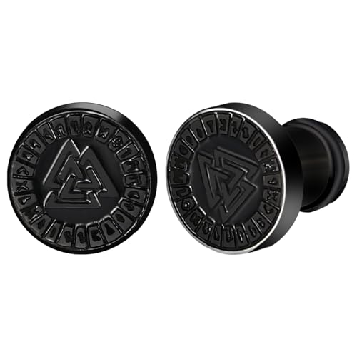 JewelryWe Wikinger Ohrstecker Ohrringe Herren: Schwarz Edelstahl Nordische Valknut Dreieck Runen Fake Ohr Plugs Tunnel Ohrringe 10mm Viking Ohrstecker Helix Piercings Punk Schmuck Geschenk Männer von JewelryWe