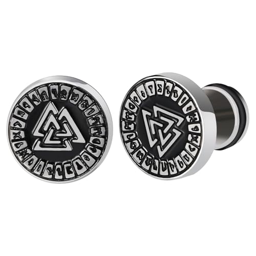JewelryWe Wikinger Ohrstecker Ohrringe Herren: Silber Edelstahl Nordische Valknut Dreieck Runen Fake Ohr Plugs Tunnel Ohrringe 10mm Viking Ohrstecker Helix Piercings Punk Schmuck Geschenk Männer von JewelryWe
