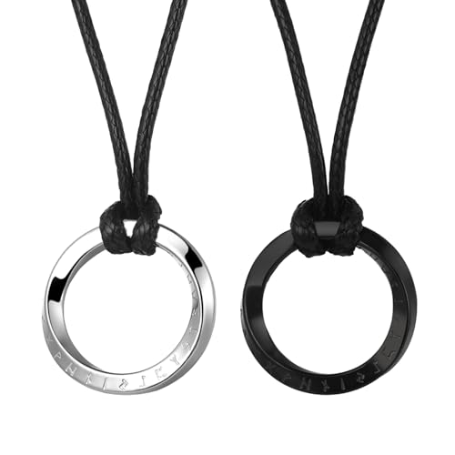 JewelryWe Wikinger Rune Kette für Herren: 2 Stück Edelstahl Mobius Rund Anhänger mit Schwarz Geflochtene Lederkette Unisex Leder Halskette Nordische Viking Amulett Schmuck für Männer Frauen von JewelryWe