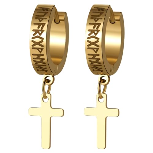 JewelryWe Wikinger Rune Kreuz Ohrringe: GoldEdelstahl Nordische Viking Runen Creolen Huggie Ohrringe mit Baumelnde Kreuz Anhänger Vintage Punk Ohrstecker Ohrschmuck für Herren Damen von JewelryWe