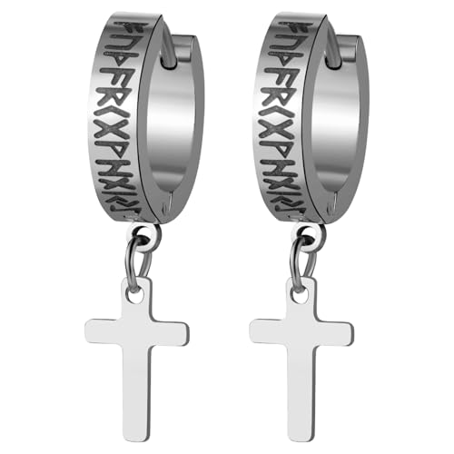 JewelryWe Wikinger Rune Kreuz Ohrringe: Silber Edelstahl Nordische Viking Runen Creolen Huggie Ohrringe mit Baumelnde Kreuz Anhänger Vintage Punk Ohrstecker Ohrschmuck für Herren Damen von JewelryWe