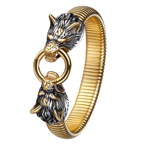 JewelryWe Wikinger Wolf Armband Herren: Gold Silber Edelstahl Gegenüber Wolfskopf Chunky Elastisches Armreif Stretcharmband mit Ring Vintage Punk Hip Hop Manschette Viking Amulett Schmuck Geschenk von JewelryWe