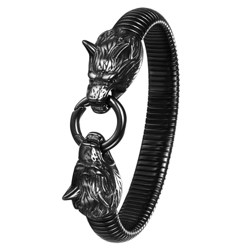 JewelryWe Wikinger Wolf Armband Herren: Schwarz Edelstahl Gegenüber Wolfskopf Chunky Elastisches Armreif Stretcharmband mit Ring Vintage Punk Hip Hop Manschette Viking Amulett Schmuck Geschenk von JewelryWe