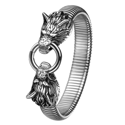 JewelryWe Wikinger Wolf Armband Herren: Silber Edelstahl Gegenüber Wolfskopf Chunky Elastisches Armreif Stretcharmband mit Ring Vintage Punk Hip Hop Manschette Viking Amulett Schmuck Geschenk von JewelryWe