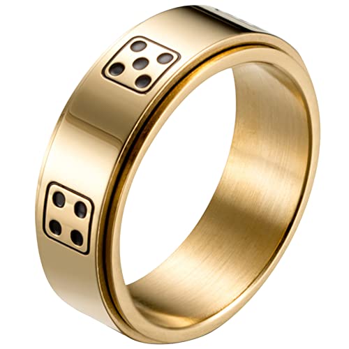 JewelryWe Würfel Fidget Angst Ring: 8MM Gold Edelstahl Drehbarer Glückswürfel Fingerring Anti Stress Spinner Ring Unisex Glücksring Spinnring Band Gravur Schmuck Geschenk für Herren Damen Größe 57 von JewelryWe