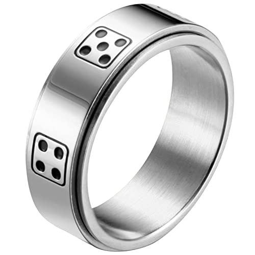 JewelryWe Würfel Fidget Angst Ring: 8MM Silber Edelstahl Drehbarer Glückswürfel Fingerring Anti Stress Spinner Ring Unisex Glücksring Spinnring Band Gravur Schmuck Geschenk für Herren Damen Größe 54 von JewelryWe