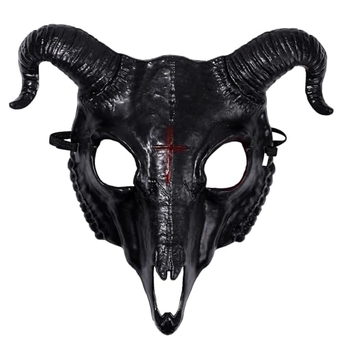 JewelryWe Ziegenmaske Herren: Schwarz Ziege Antilope Tierkopf Maskerade für Halloween, Dämon Vollgesicht Schaf Totenkopf Horror Karneval Cosplay Party Kostüm von JewelryWe