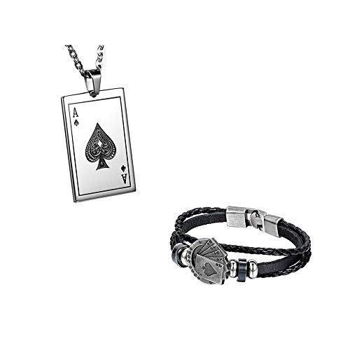 Jewelrywe Schmuck Halskette mit Anhänger für Damen und Herren, Kettenlänge 55 cm, erhältlich Poker J Edelstahl Silber (mit Geschenkbeutel), Leder, Kein Edelstein von JewelryWe