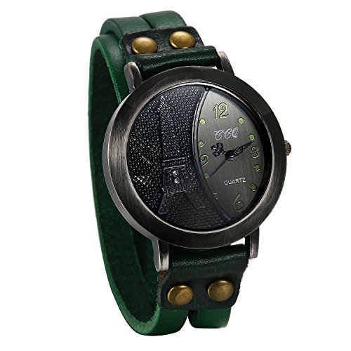 JewelryWe Damenuhr Eiffelturm Leder Armbanduhr: Retro Eiffelturm Design mit Strass Analog Quarz Armbanduhr Damen Herren Grün Lederarmband Wickelarmband Lässige Uhr mit Einfach Digital Zifferblatt von JewelryWe