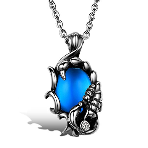 Ringset Schmuck Halskette mit Anhänger Herren Damen Edelstahl Retro Skorpion Anhänger Farbe Silber Blau (mit Geschenk-Tasche) von JewelryWe