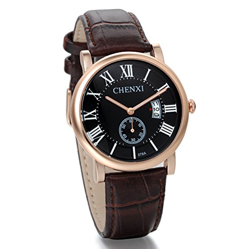 Ringset Uhr Herren Ritter, Retro reloj de Cuero Echtes Braun, Esferas-de Gold Pink, Schwarz mit Kalender, Alta Calidad von JewelryWe