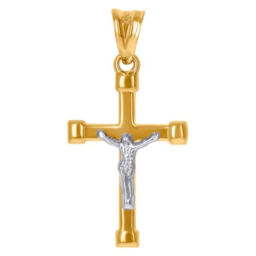 10 Karat Gold zweifarbiges Herren-Kruzifix, Höhe 34 mm x Breite 16,9 mm, religiöser Charm-Anhänger, Halskette für Herren von JewelryWeb