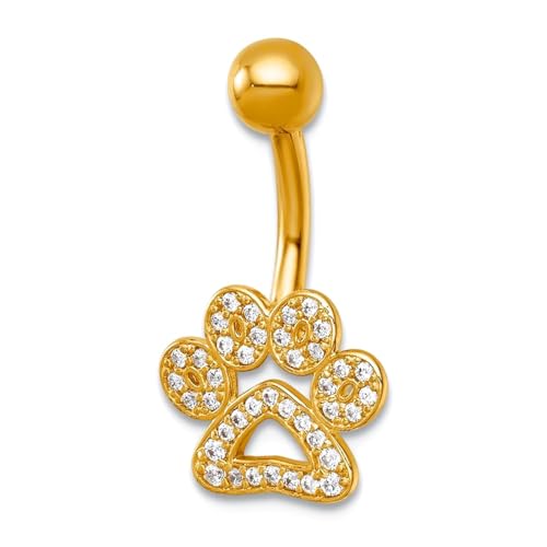 11,95 mm 14 Karat massives Gelbgold 14 Gauge polierter Zirkonia Pfotenabdruck Bauchnabelring Band-Stil Ring für Damen von JewelryWeb