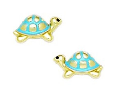 14 Karat Gelbgold, Emaille, Schraubverschluss, blaue Schildkröten-Ohrringe, Maße: 6 x 10 mm, Schmuck für Damen, One Size, Metall Emaille Goldfarben Metall, Kein Edelstein von JewelryWeb