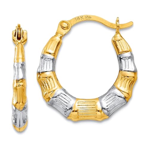 14 Karat Gelbgold, Scharnierpfosten und hohle Rhodium-Bambus-Creolen, Maße: 14 x 13 mm breit, 3 mm dick, Schmuck für Damen 14 Karat Gelbgold, Scharnierpfosten und hohle Rhodium-Bambus-Creolen, Maße: 14 x 13 mm breit, 3 mm dick, Schmuck für Damen von JewelryWeb