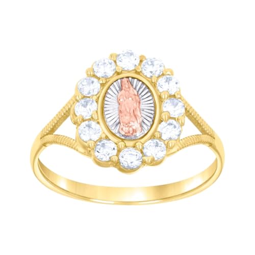 14 Karat dreifarbiger Goldring für Damen, Zirkonia, künstlicher Diamant, Guadalupe, religiöser Ring, 12,8 x 12,8 mm breit, Bandstil-Ring für Frauen von JewelryWeb
