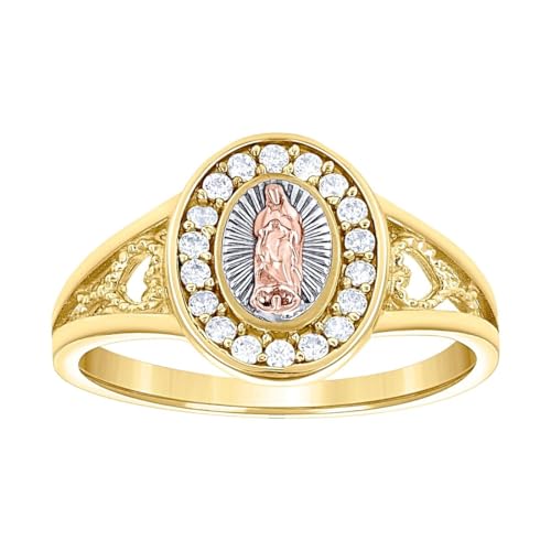 14 Karat dreifarbiger Goldring für Damen, Zirkonia, künstlicher Diamant, oval, Guadalupe, religiöser Ring, 11,4 x 11,4 mm breit, Bandstil-Ring für Frauen von JewelryWeb