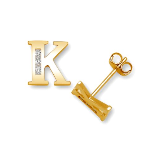 14 Karat massives Gelbgold, Zirkonia, künstlicher Diamant, kleiner Buchstabe, Name, personalisierbar, Monogramm, Initialen-Ohrringe, Ohrstecker für Frauen in verschiedenen Initialen, One Size von JewelryWeb