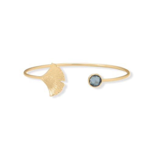 14 Karat vergoldetes 925er-Sterlingsilber, London-Blautopas, Fan-Design, Manschettenarmband, detailliertes Gingko-Blatt, E-Schmuck für Damen, One Size, Edelstein Blautopas Edelstein Goldfarben, Topas von JewelryWeb