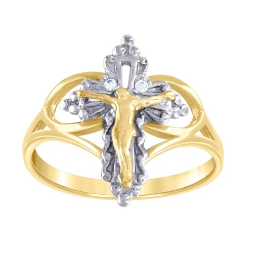 14 Karat zweifarbiges Gold Damen CZ simulierter Diamant Kruzifix Kreuz religiöser Ring 16,7 x 1,6 mm breit Band Stil Ring für Frauen von JewelryWeb