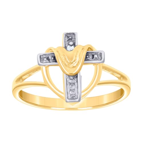 14 Karat zweifarbiges Gold Damen CZ simulierter Diamant drapiertes Kreuz religiöser Ring 12,1 x 1,5 mm breit Bandstil Ring für Frauen von JewelryWeb