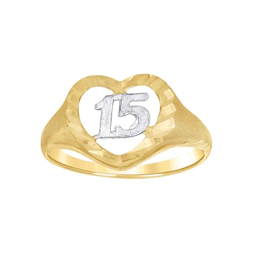14 Karat zweifarbiges Gold Damen-Liebesherz 15 Anos Quinceanera Ring 11,2 x 2 mm breit Statement-Ring für Frauen von JewelryWeb