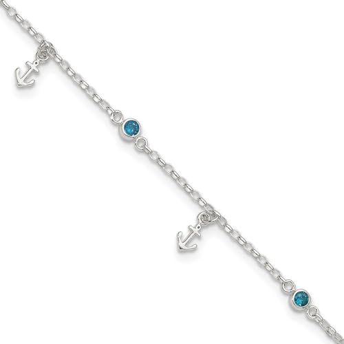 4,2 mm 925er-Sterlingsilber, polierter blauer Zirkonia, simulierter Diamant und nautische Schiffs-Mariner-Anker, plus 2,5 cm Verlängerung, Fußkettchen für Damen, 23 cm, Sterling-Silber Cubic Zirkonia, von JewelryWeb