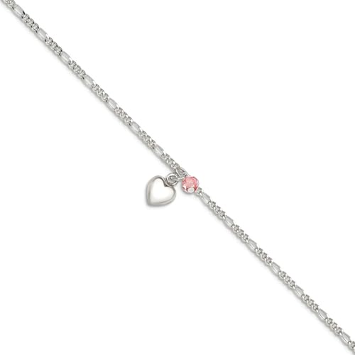 925 Sterling Silber hohl poliert Kirschquarz baumelnde Liebe Herzen Figaro Link Fußkettchen Federring Fußkettchen für Frauen, 25 centimeters, Edelstein Metall Silber, Quarz von JewelryWeb