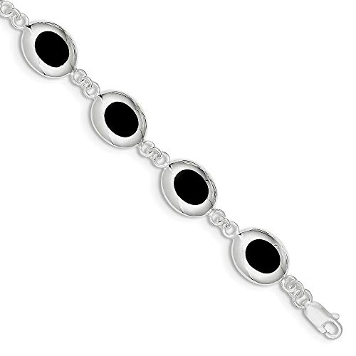 925er Sterlingsilber, flache Rückseite, geschlossene Rückseite, ausgefallener polierter simulierter Onyx-Armband, Karabiner-Schmuck für Damen, 18 cm, Onyx von JewelryWeb