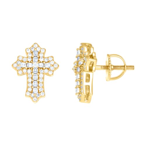 925er Sterlingsilber, gelber Ton, 0,42 Karat, rund, 0,74 Karat, Baguette-Moissanit-Kreuz, religiöse Ohrstecker, 14,8 x 11,5 mm breiter Stolzenohrring für Frauen von JewelryWeb