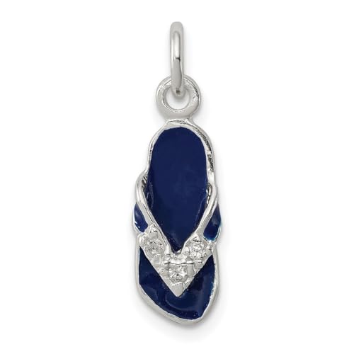 925er Sterlingsilber, massiver flacher Zirkonia, künstlicher Diamant und blau emaillierter Flip-Flop-Charm-Anhänger, Halskette, 19 x 8 mm breit, Schmuck für Damen, One Size, Zirkonia Zirkonia Emaille von JewelryWeb