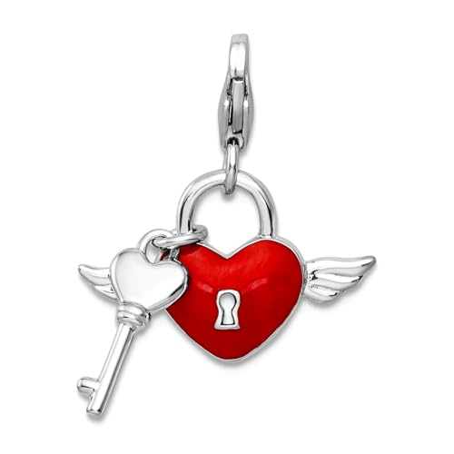 925er Sterlingsilber, poliert, ausgefallener Karabinerverschluss, rhodinierte Emaille, Kristall, Flügel, Liebe, Herz, Schlüsselanhänger, Halskette für Damen von JewelryWeb
