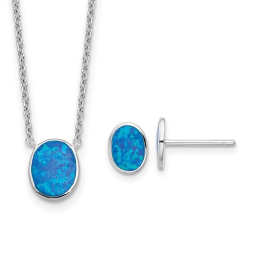 925er Sterlingsilber, rhodiniert, blauer künstlicher Opal-Inlay mit 4 cm Verlängerung, Halskette und Ohrringe, Schmuck für Damen, One Size, Edelstein Metall Opal, Opal von JewelryWeb