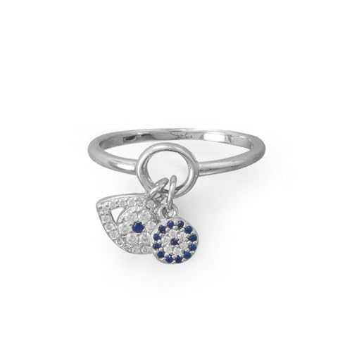 925er Sterlingsilber, rhodiniert, böser Blick, Charm-Ring, Maße: 11,4 x 9,1 mm, klarer blauer Zirkonia, Schmuck für Damen, One Size, Metall Silber Metall: Rhodium Silberfarben, Zirkonia von JewelryWeb