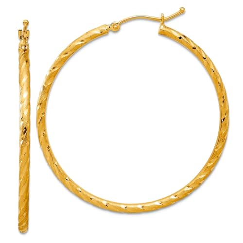Creolen-Ohrringe aus massivem 14 Karat Gelbgold, poliert und satiniert, 2,00 mm breit, 40,5 x 40 mm breit, 2 mm dick, für Damen von JewelryWeb