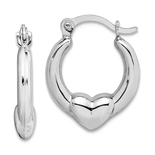 Creolen-Ohrringe für Damen, 10 Karat Weißgold, poliert, Scharnier, Herz, 15 x 13 mm breit, 4 mm dick von JewelryWeb