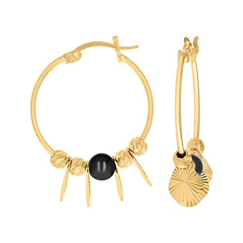 Damen-Creolen mit schwarzen Perlen, Gelbgold, Maße: 25,2 x 19,2 mm breit, Schmuck für Frauen von JewelryWeb