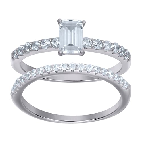 Damen-Duoring-Set aus 925er-Sterlingsilber, Smaragd-Zirkonia, simulierter Diamant, Schmuckgeschenke für Frauen, Ringgrößen-Optionen: L bis T, One Size, Cubic Zirkonia Metall Zirkonia Edelstein von JewelryWeb