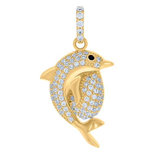 Damen-Halskette mit Anhänger aus Gelbgold, schwarz-weiß, Zirkonia, künstlicher Diamant, Delfin, Tier, Meeresbewohner, Fisch, Ozean, Maße: 29,2 x 14,6 mm breit, Schmuck für Frauen von JewelryWeb