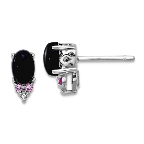 Damen-Ohrstecker aus 925er Sterlingsilber, Rhodium, schwarzer simulierter Onyx, 0,08, künstlicher rosa Saphir und Diamant, 9,4 x 4,2 mm breit von JewelryWeb