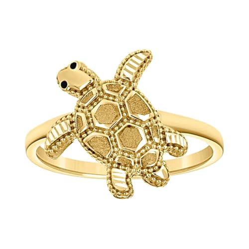 Damen-Ring aus 14 Karat Gelbgold, emailliert, Schildkröte, 14,8 x 1,5 mm breit, Bandstil-Ring für Frauen von JewelryWeb