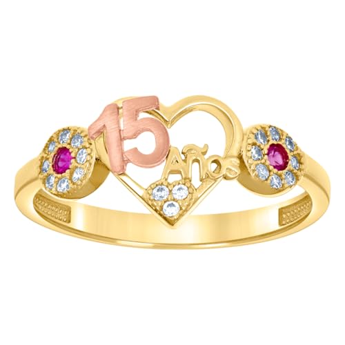 Damen-Ring aus 14 Karat zweifarbigem Gold, rosa-weißer Zirkonia, simulierter Diamant, Liebesherz, Anos 15, Quinceanera-Ring, 8,3 x 1,7 mm breit, Statement-Ring für Frauen von JewelryWeb