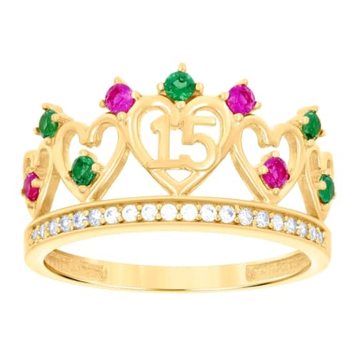 Damen-Ring aus 14-karätigem Gelbgold, mehrfarbiger Zirkonia, simulierter Diamant, 15 Anos, 10,6 x 10,6 mm breit, Bandstil-Ring für Frauen von JewelryWeb