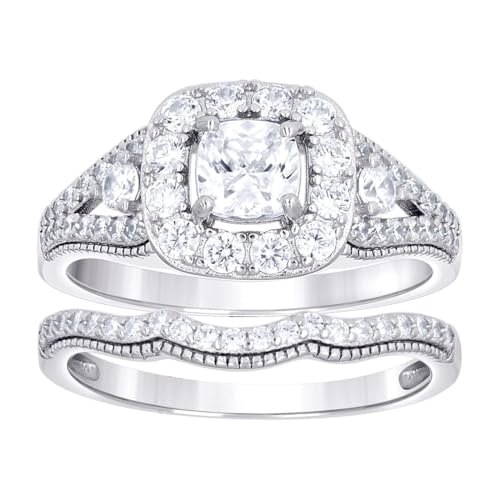 Damen-Ring aus 925er-Sterlingsilber, Kissenschliff, rund, Zirkonia, simulierter Diamant, Duo-Brautring, Größe 7, Bandstil-Ring für Frauen von JewelryWeb
